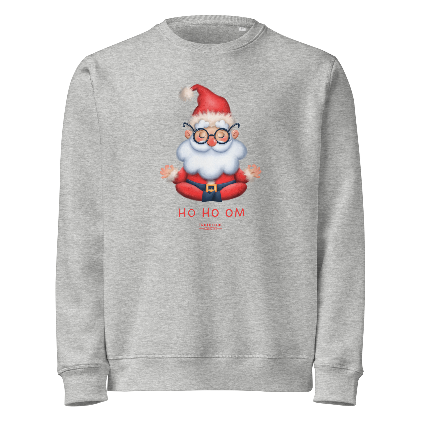 Gray organic sweatshirt with a cartoon Santa Claus meditating design and text 'HO HO OM' on a white background