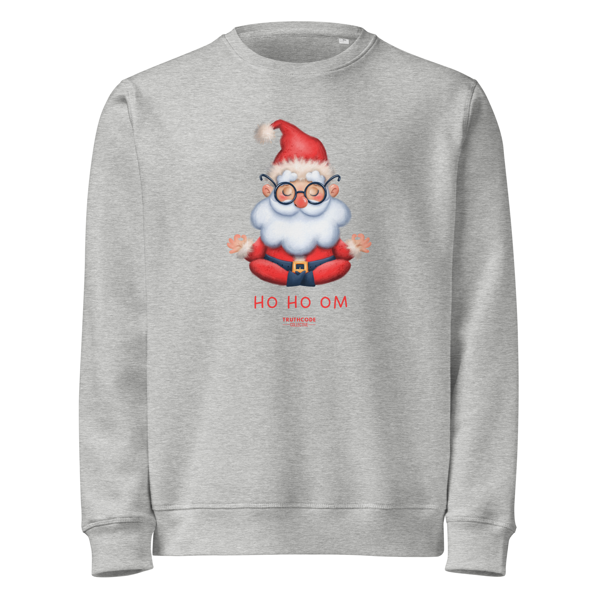 Gray organic sweatshirt with a cartoon Santa Claus meditating design and text 'HO HO OM' on a white background