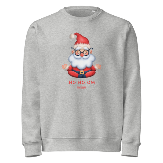 Gray organic sweatshirt with a cartoon Santa Claus meditating design and text 'HO HO OM' on a white background