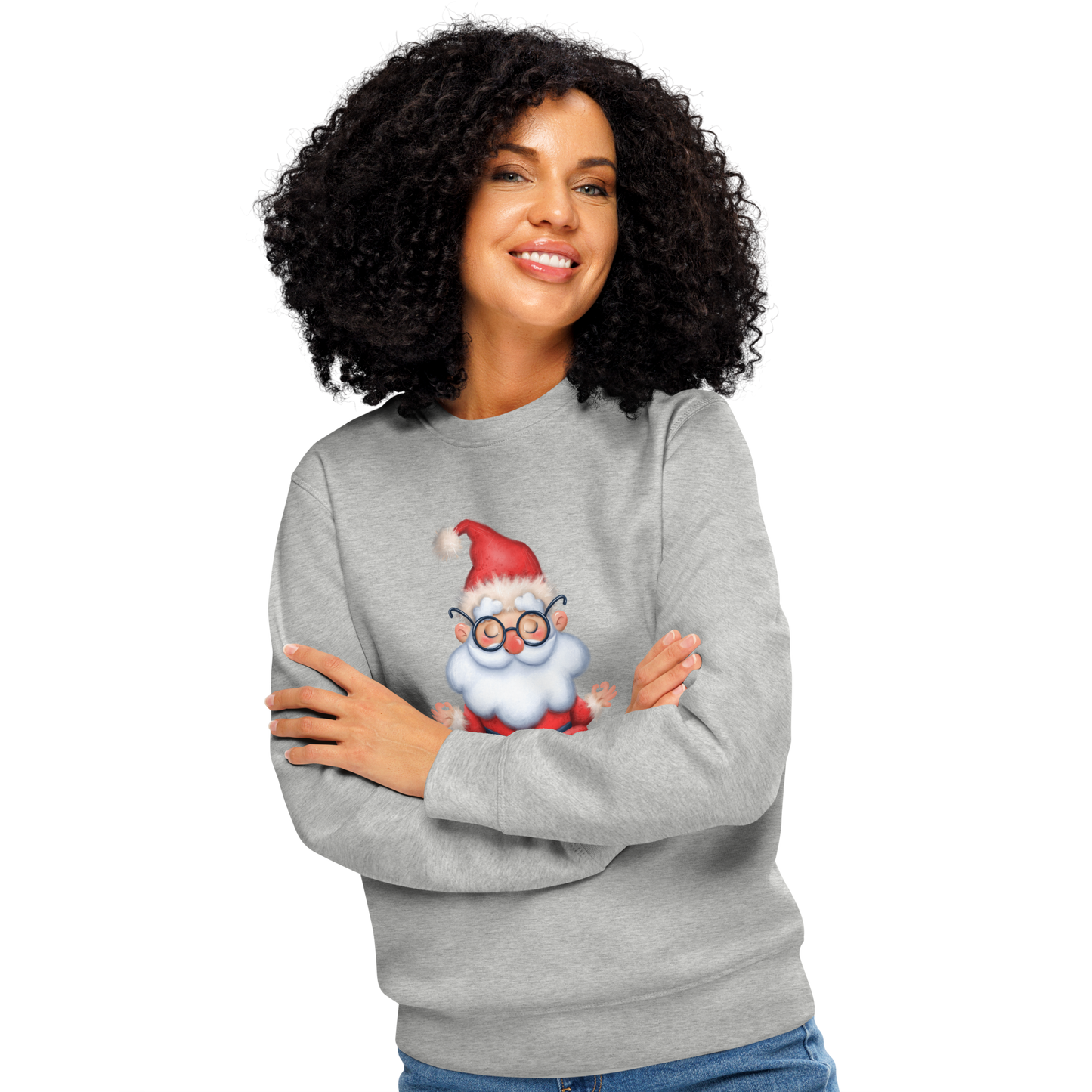 Woman wearing gray organic sweatshirt with a cartoon Santa Claus meditating design and text 'HO HO OM' on a white background