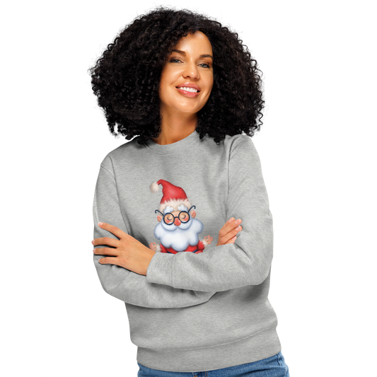 Woman wearing gray organic sweatshirt with a cartoon Santa Claus meditating design and text 'HO HO OM' on a white background