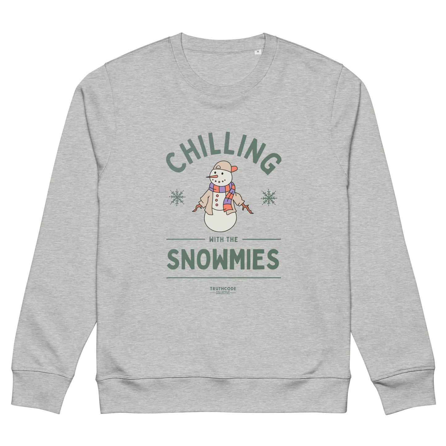 Gray organic sweatshirt with a snowman graphic and text 'Chilling with the Snowmies' on a white background