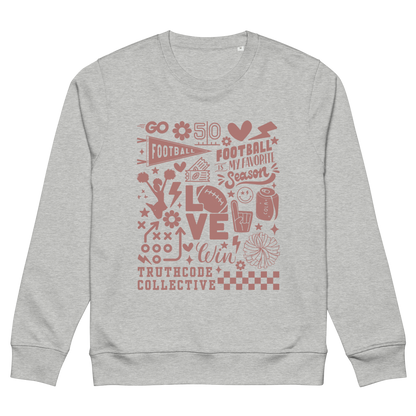 Gray organic sweatshirt with football collage graphic design and 'Football is my favorite season' on a white background