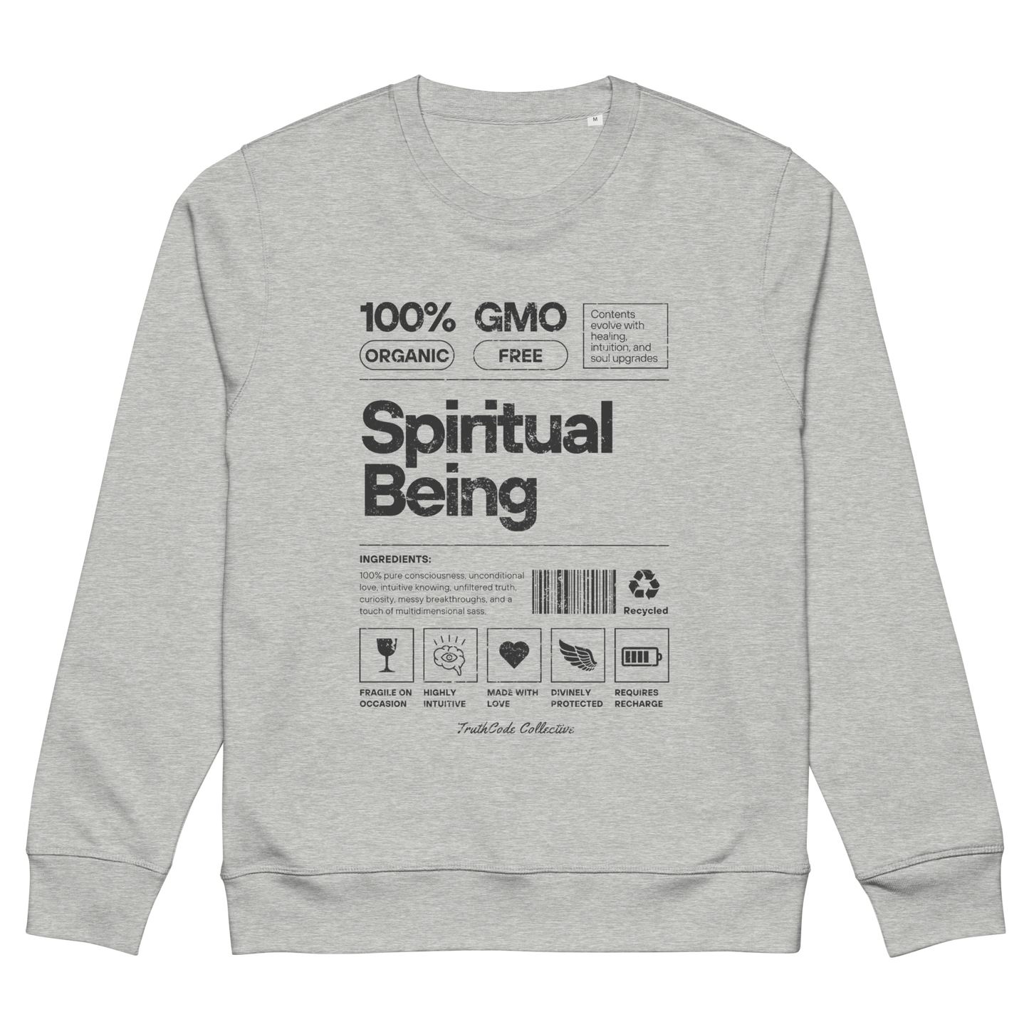 Gray organic sweatshirt with text 'Spiritual being' and graphics resembling a laundry tag on a white background