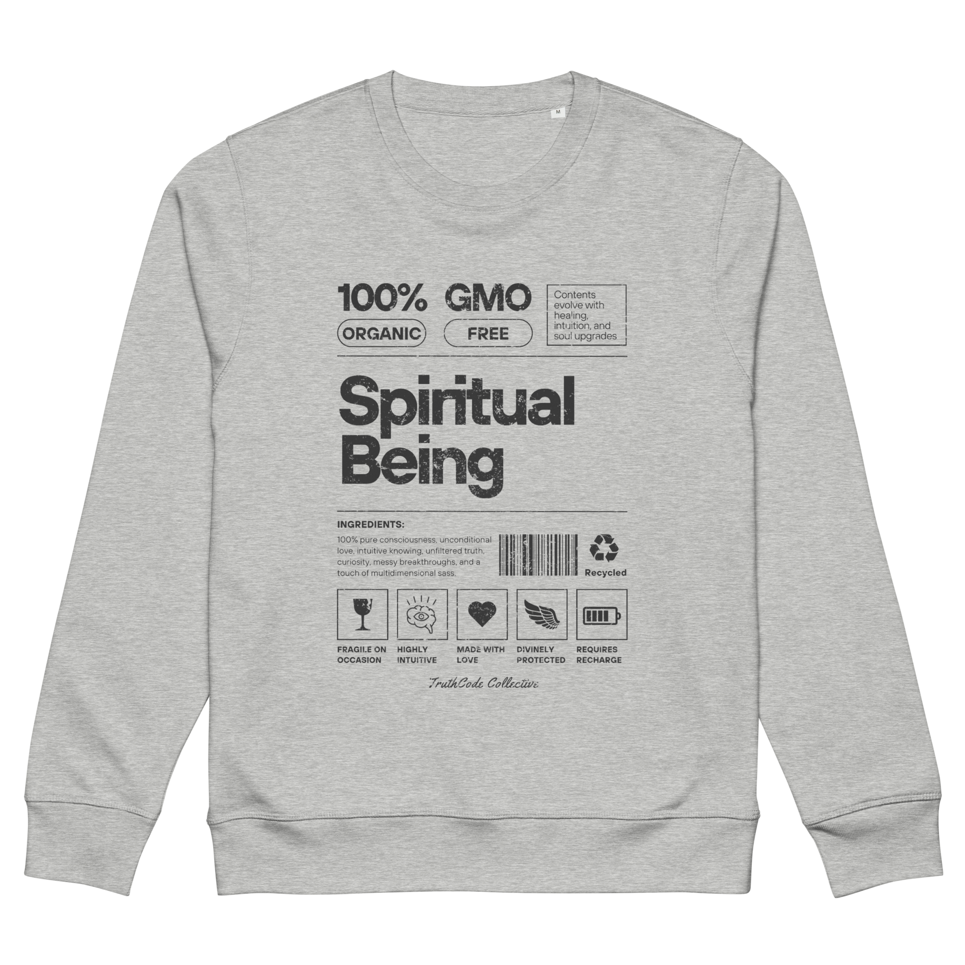 Gray organic sweatshirt with text 'Spiritual being' and graphics resembling a laundry tag on a white background