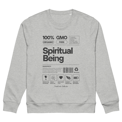 Gray organic sweatshirt with text 'Spiritual being' and graphics resembling a laundry tag on a white background