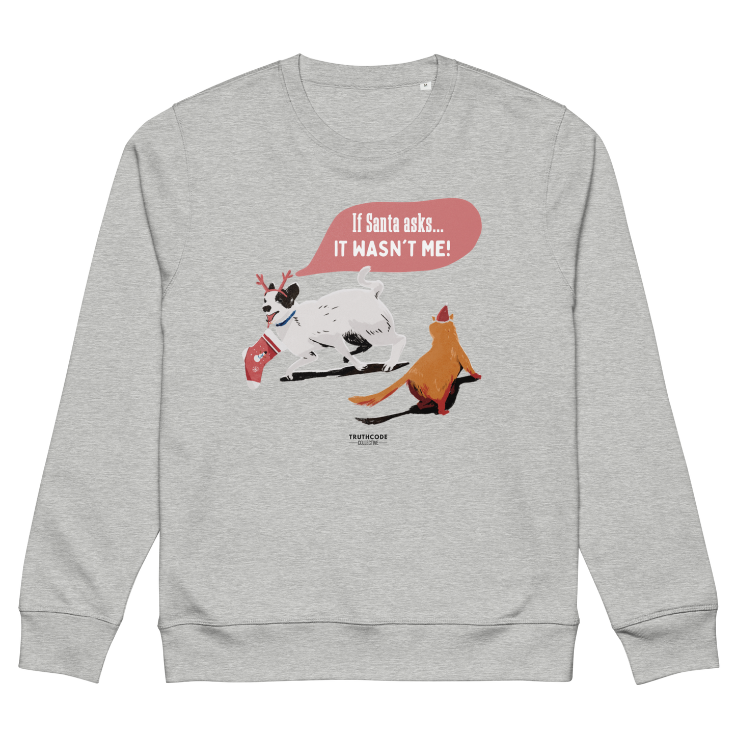 Gray sweatshirt with a Christmas-themed graphic of a dog and reindeer on a white background