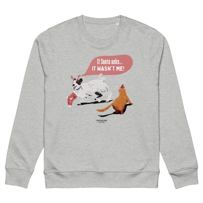 Gray sweatshirt with a Christmas-themed graphic of a dog and reindeer on a white background