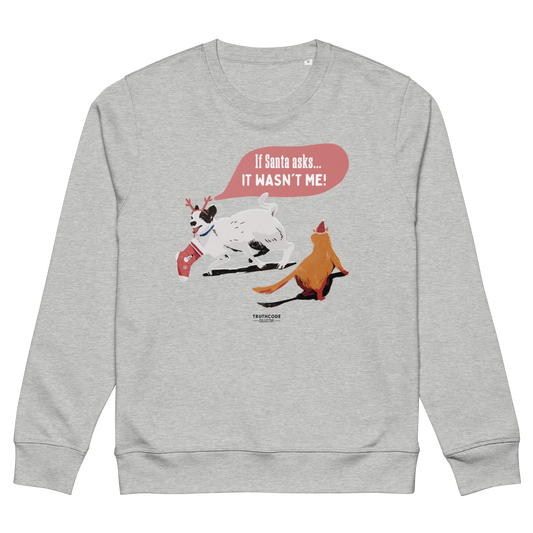 Gray sweatshirt with a Christmas-themed graphic of a dog and reindeer on a white background