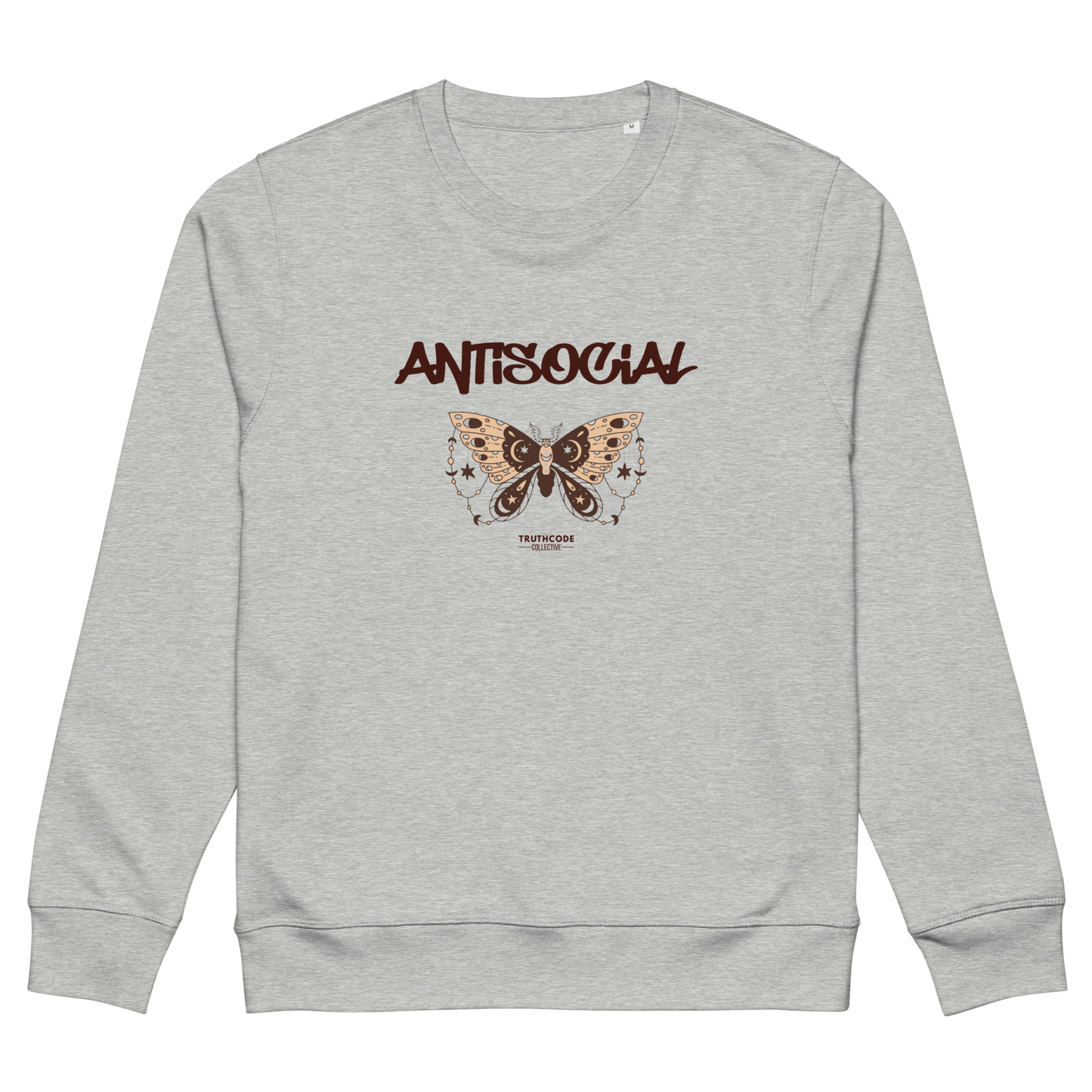Gray organic sweatshirt with butterfly graphic and 'ANTISOCIAL' text on a white background