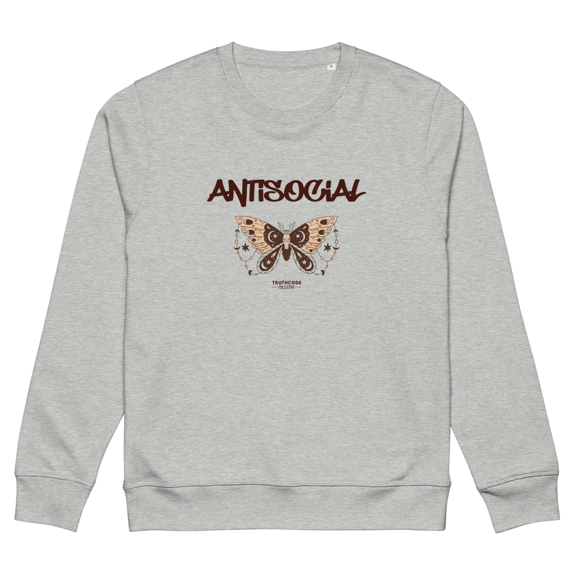 Gray organic sweatshirt with butterfly graphic and 'ANTISOCIAL' text on a white background