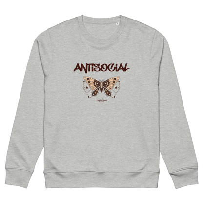Gray organic sweatshirt with butterfly graphic and 'ANTISOCIAL' text on a white background