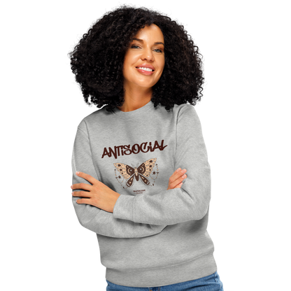 Woman wearing gray organic sweatshirt with butterfly graphic and 'ANTISOCIAL' text on a white background