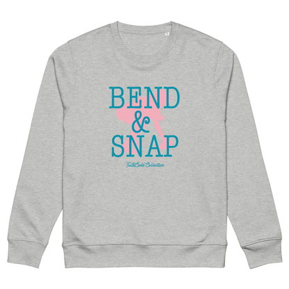 Gray organic sweatshirt with 'Bend & Snap' text and graphic design of football center ready to snap the ball, on a white background