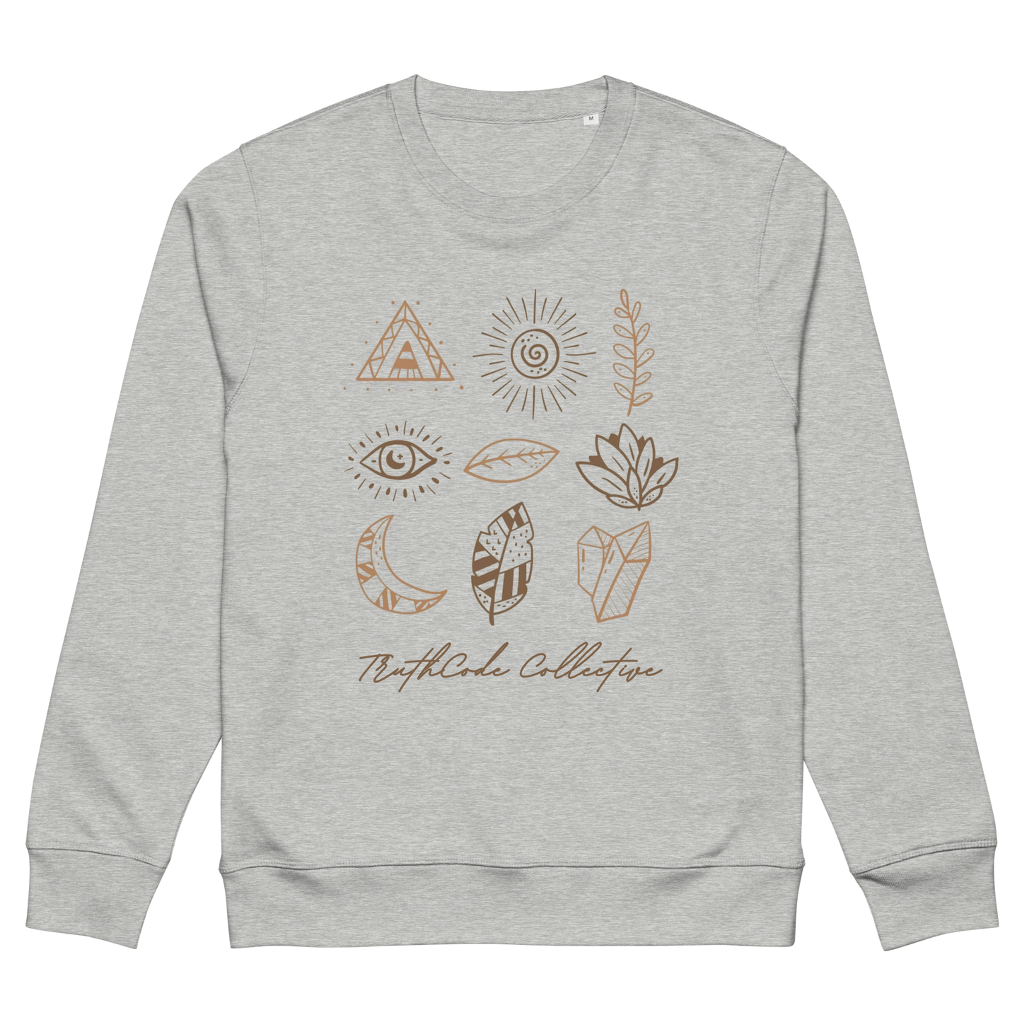 Gray organic sweatshirt with graphic designs of mystic markings- symbols of feathers, crystals,  earthy motifs, etc., on a white background