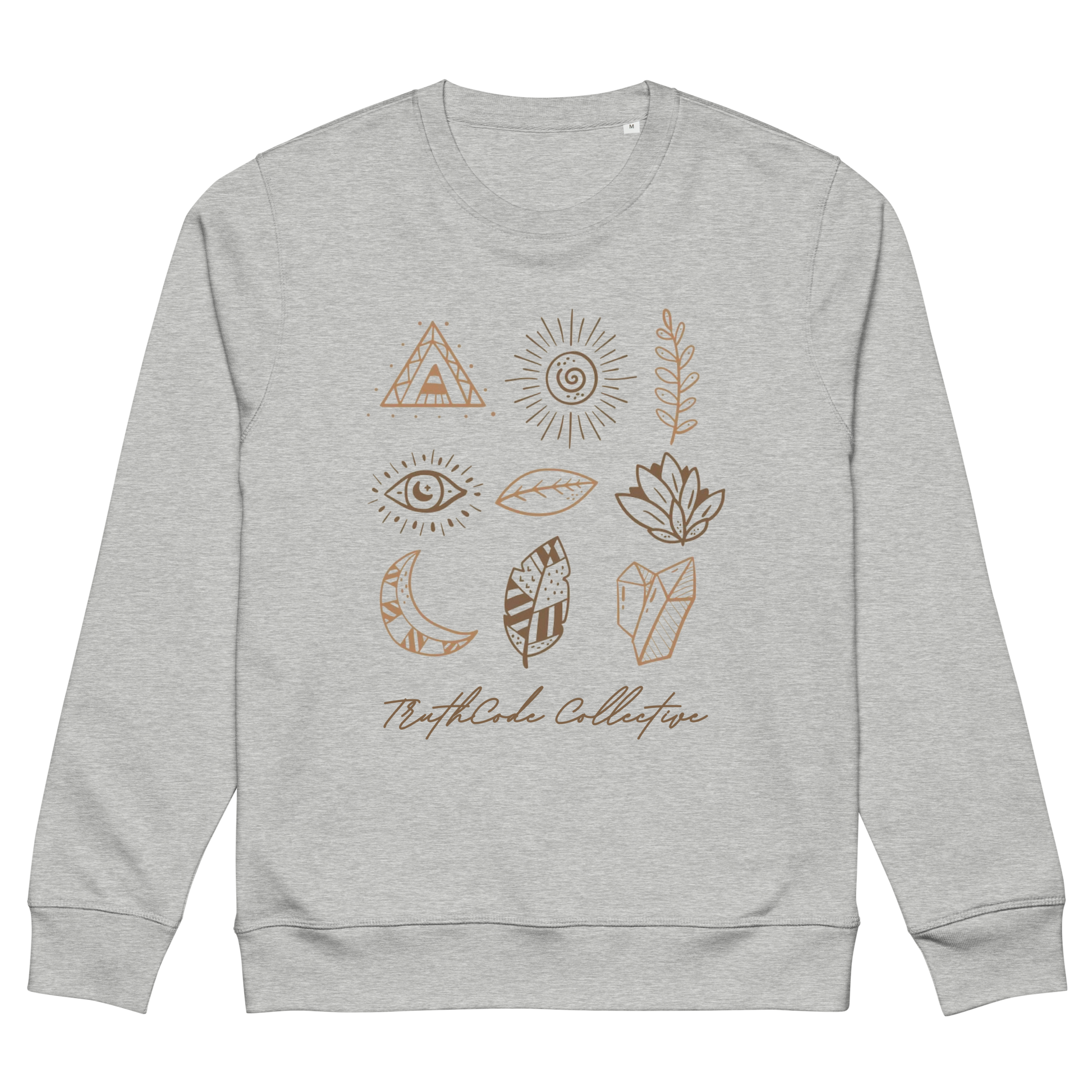 Gray organic sweatshirt with graphic designs of mystic markings- symbols of feathers, crystals,  earthy motifs, etc., on a white background
