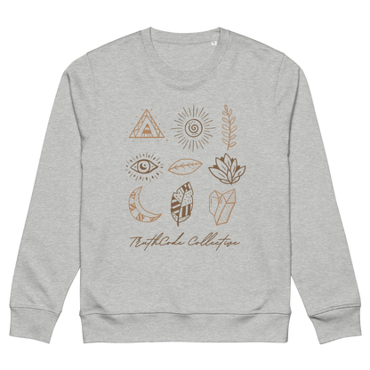 Gray organic sweatshirt with graphic designs of mystic markings- symbols of feathers, crystals,  earthy motifs, etc., on a white background