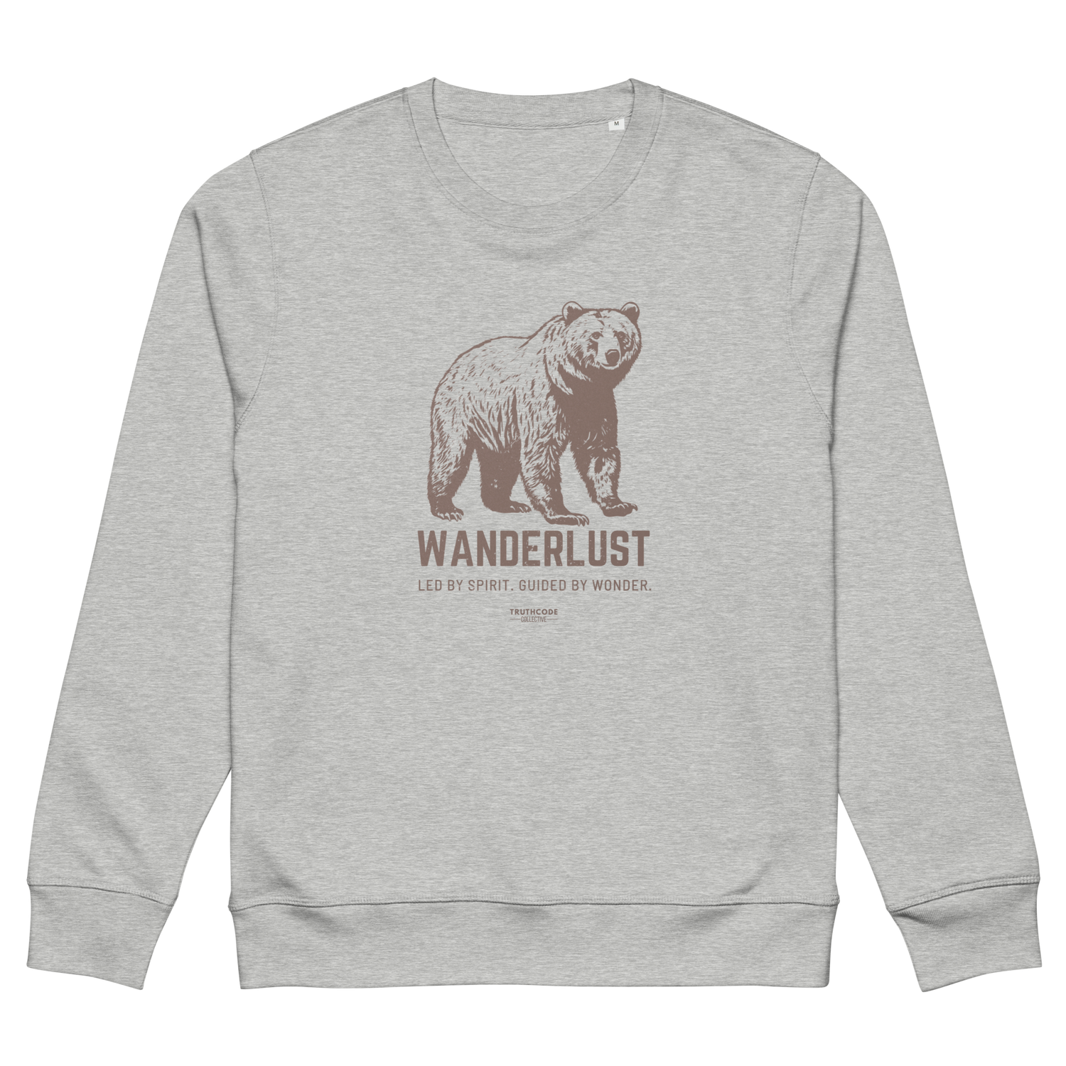 Gray organic sweatshirt with bear graphic and 'Wanderlust' text on a white background