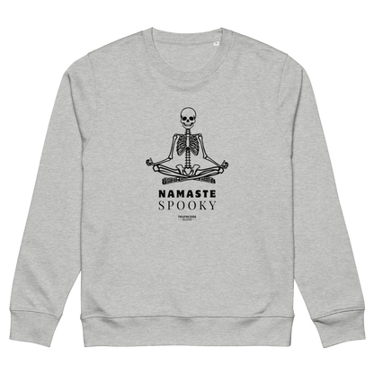 Gray organic sweatshirt with a skeleton design and 'Namaste Spooky' text on a white background