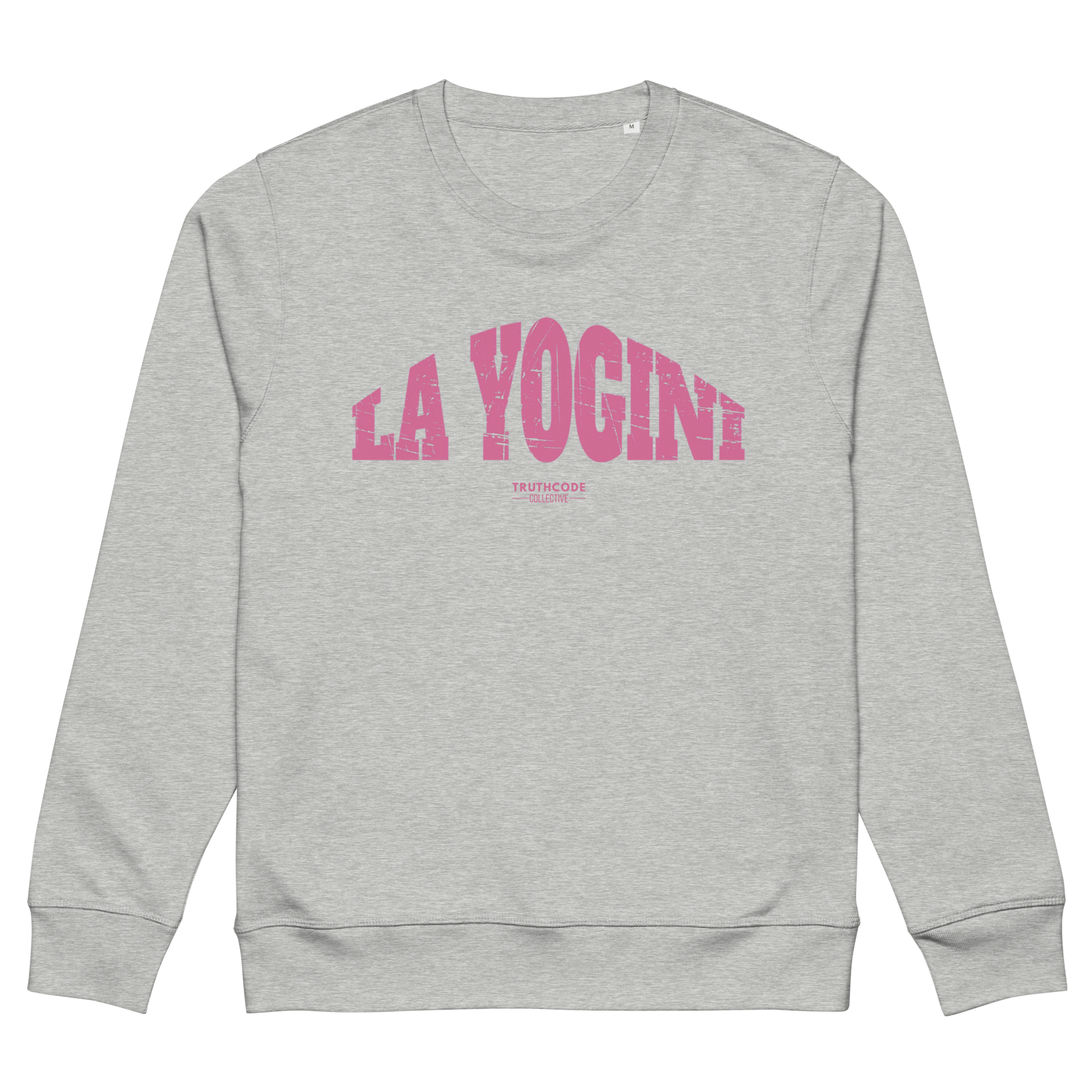 Gray organic sweatshirt with pink 'LA YOGINI' text on a white background