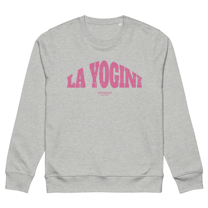 Gray organic sweatshirt with pink 'LA YOGINI' text on a white background
