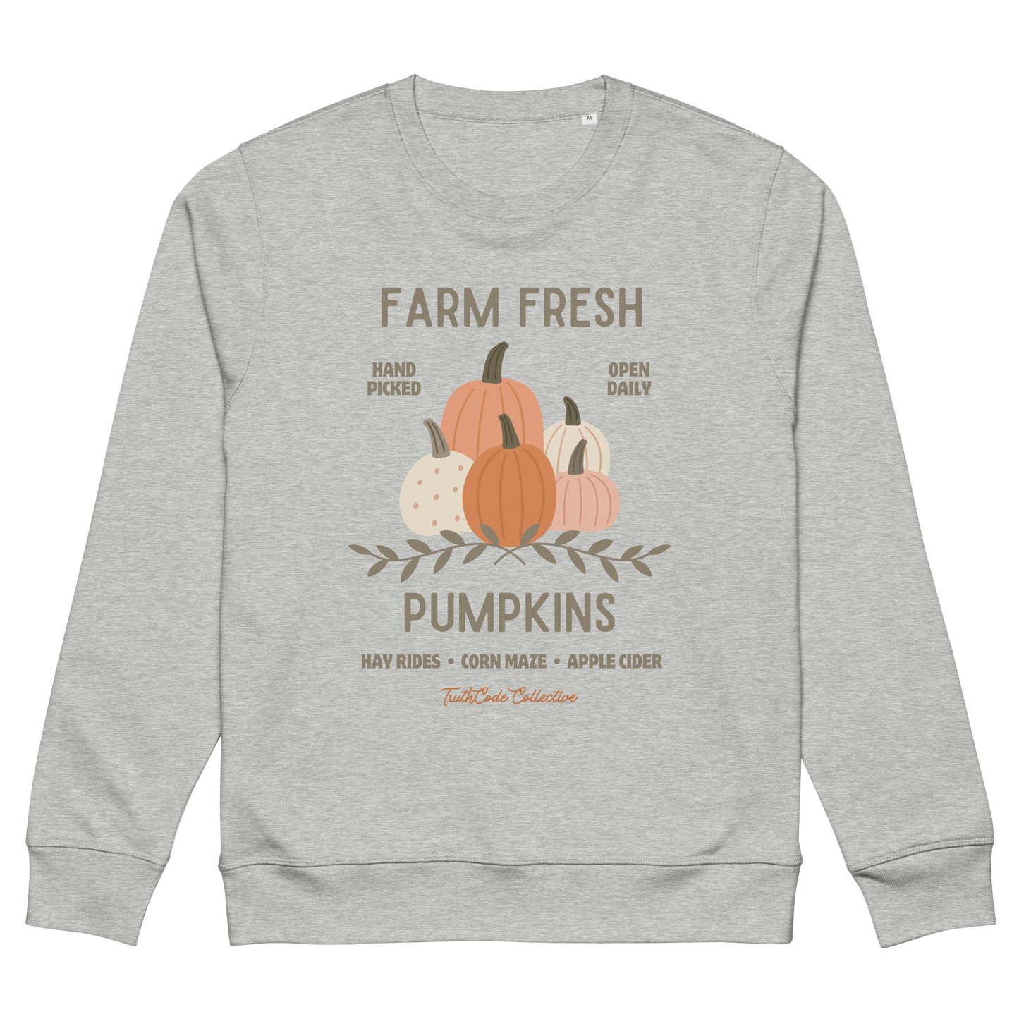 Gray organic sweatshirt with pumpkin graphic and text 'Farm fresh pumpkins, hay rides, corn maze, apple cider'  on a white background