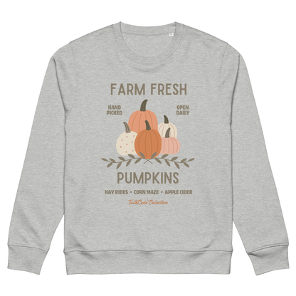 Gray organic sweatshirt with pumpkin graphic and text 'Farm fresh pumpkins, hay rides, corn maze, apple cider'  on a white background