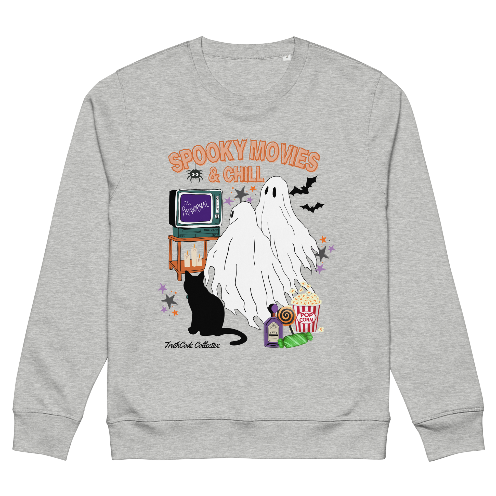 Gray organic sweatshirt with Halloween-themed design featuring a ghost, black cat, TV, and popcorn and text 'Spooky movies and chill' on a white background