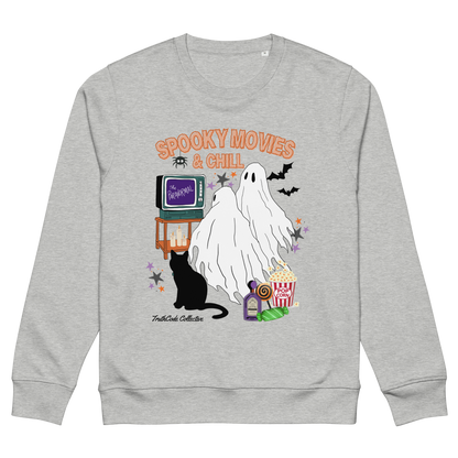 Gray organic sweatshirt with Halloween-themed design featuring a ghost, black cat, TV, and popcorn and text 'Spooky movies and chill' on a white background