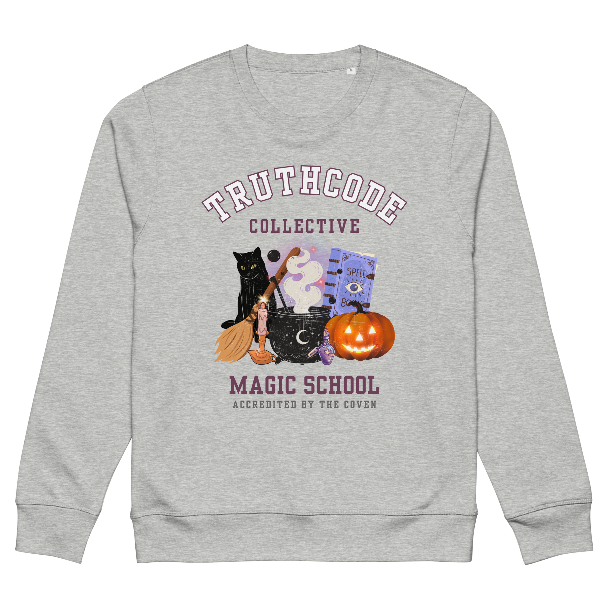 Gray organic sweatshirt with Halloween-themed design and 'TruthCode Collective Magic School' text, on a white background