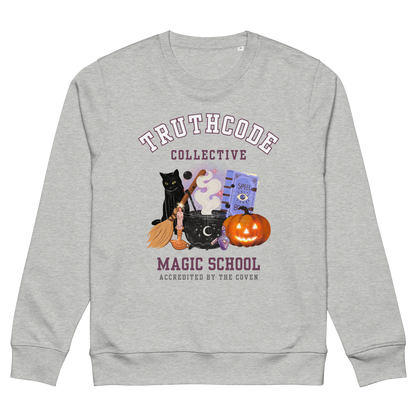 Gray organic sweatshirt with Halloween-themed design and 'TruthCode Collective Magic School' text, on a white background