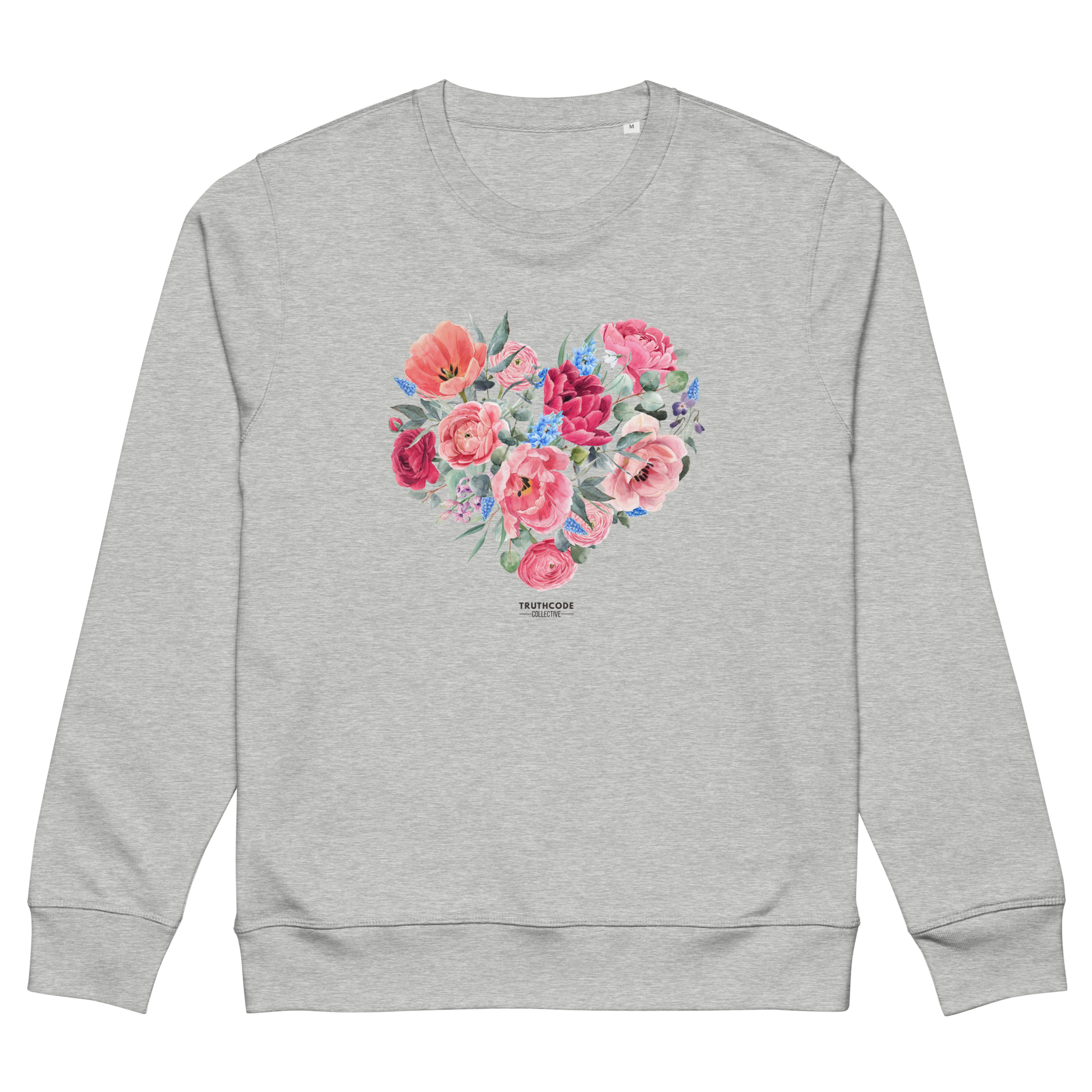 Gray organic sweatshirt with a floral heart design on a white background