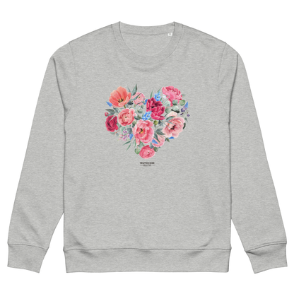 Gray organic sweatshirt with a floral heart design on a white background