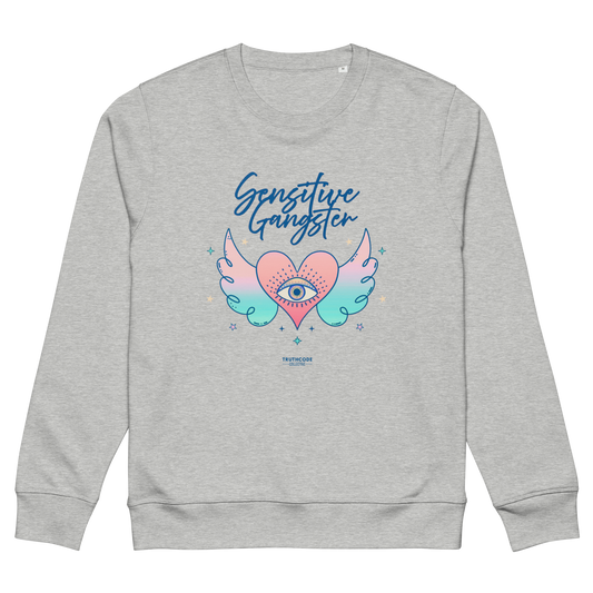 Gray organic sweatshirt with a colorful graphic design of heart with wings and text 'Spiritual gangster' on a white background