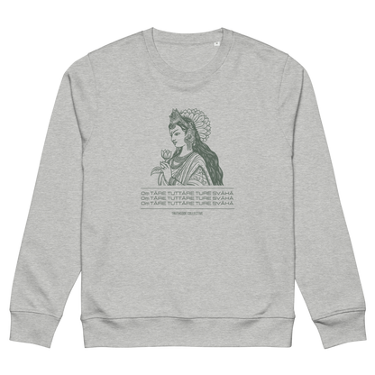 Gray organic sweatshirt with a graphic of a woman representing Green Tara holding a flower and mantra text, on a white background