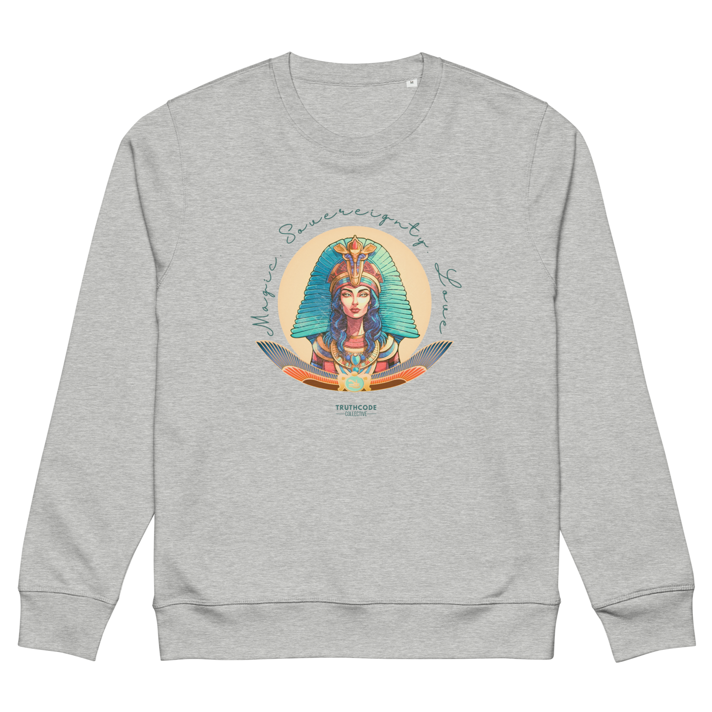 Gray organic sweatshirt with a colorful graphic of an Egyptian woman in a headdress and text 'Magic, Sovereignty, Love' on a white background
