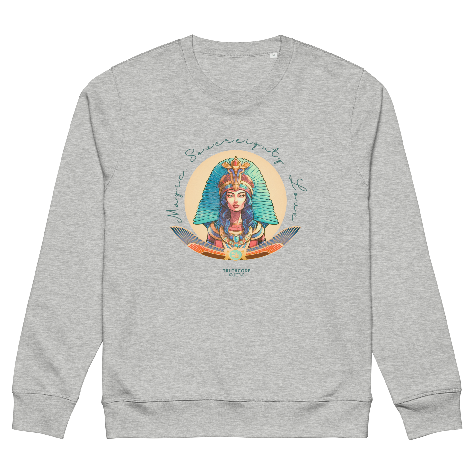 Gray organic sweatshirt with a colorful graphic of an Egyptian woman in a headdress and text 'Magic, Sovereignty, Love' on a white background