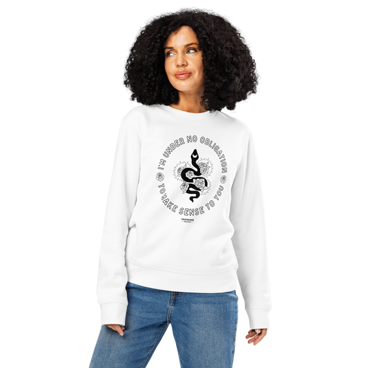 Woman wearing white organic sweatshirt with black graphic snake and floral design and text reading 'I'm under no obligation to make sense to you' on a white background