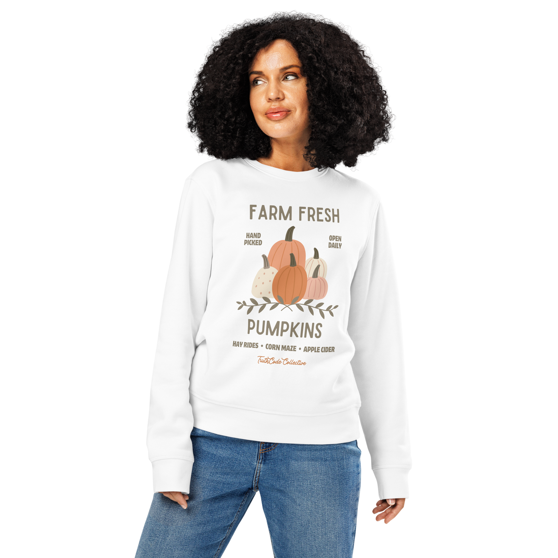 Woman wearing white organic sweatshirt with 'Farm Fresh Pumpkins' text and pumpkin graphic design on a white background