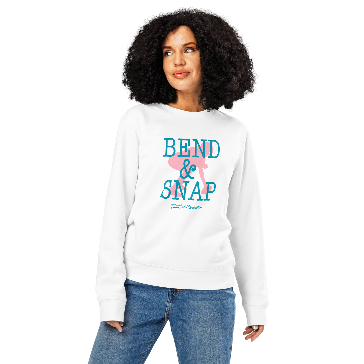 Woman wearing white organic sweatshirt with 'Bend & Snap' text and football player snapping football silhouette graphic on a white background