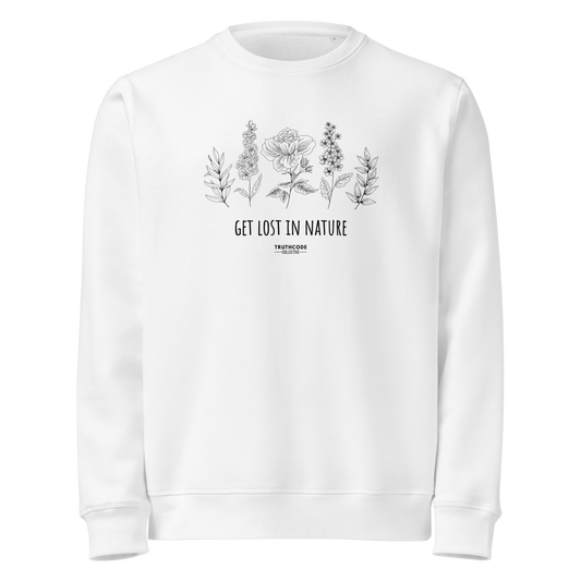 White organic sweatshirt with floral stems design and text reading 'Get lost in nature' on a white background