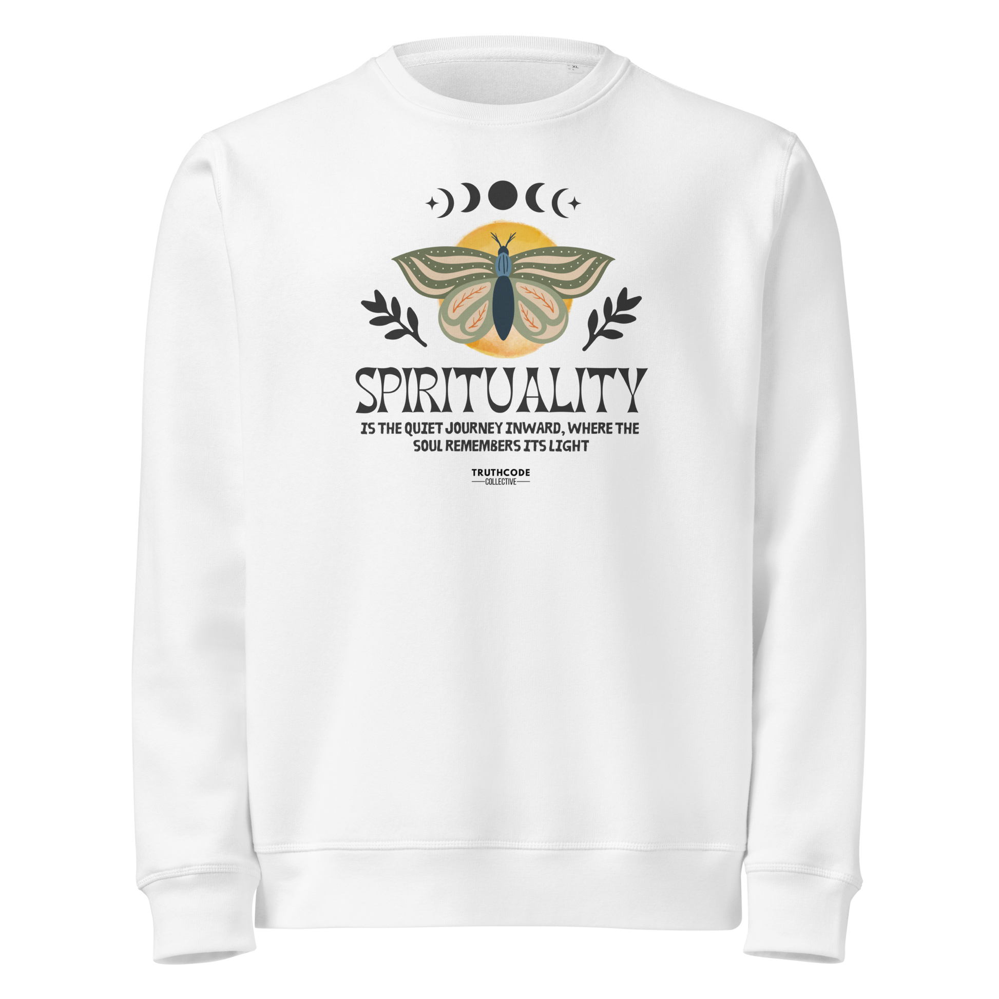 White organic sweatshirt with a butterfly design and text 'Spirituality is the quiet journey inward, where the soul remembers it's light' on a white background