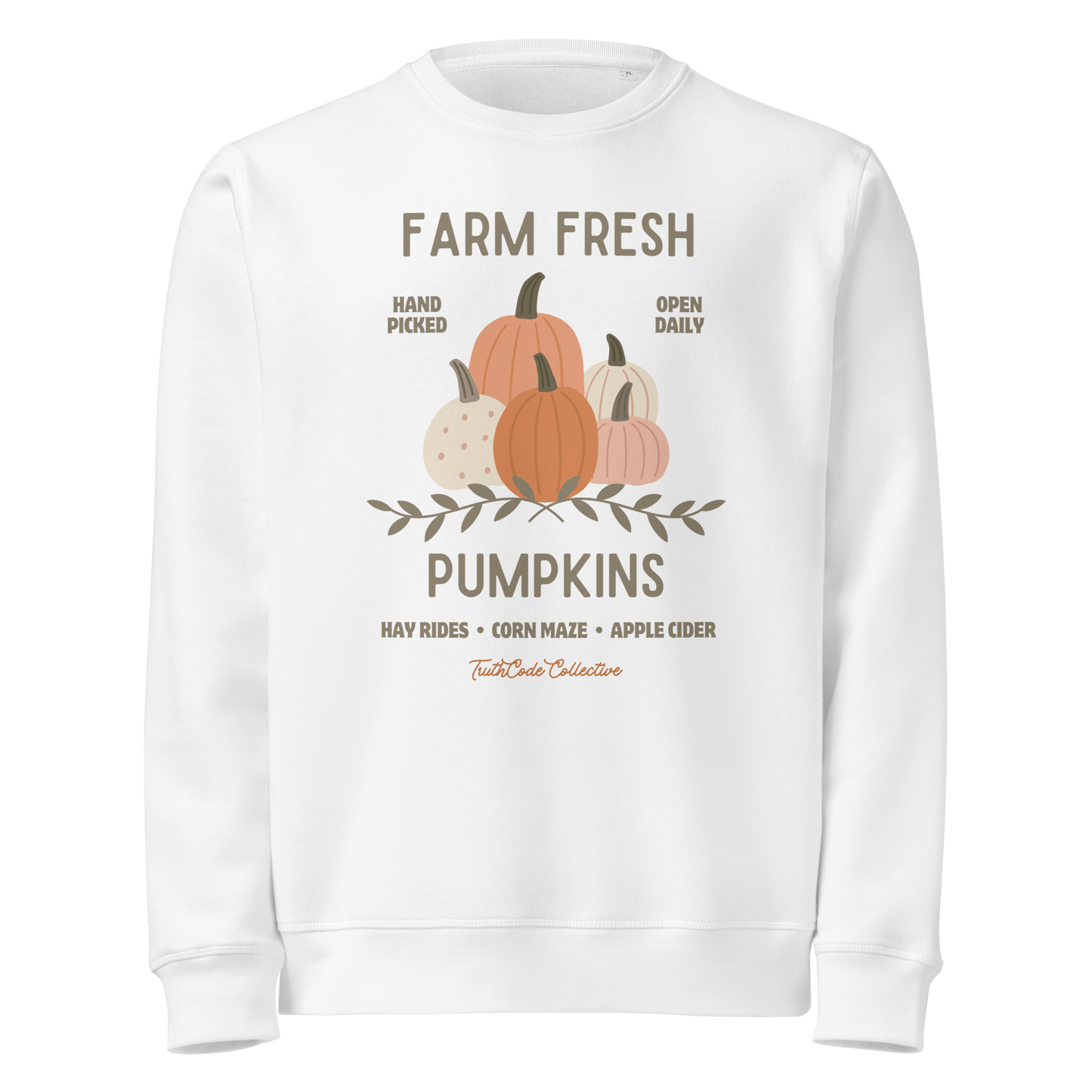 White organic sweatshirt with 'Farm Fresh Pumpkins' text and pumpkin graphic design on a white background