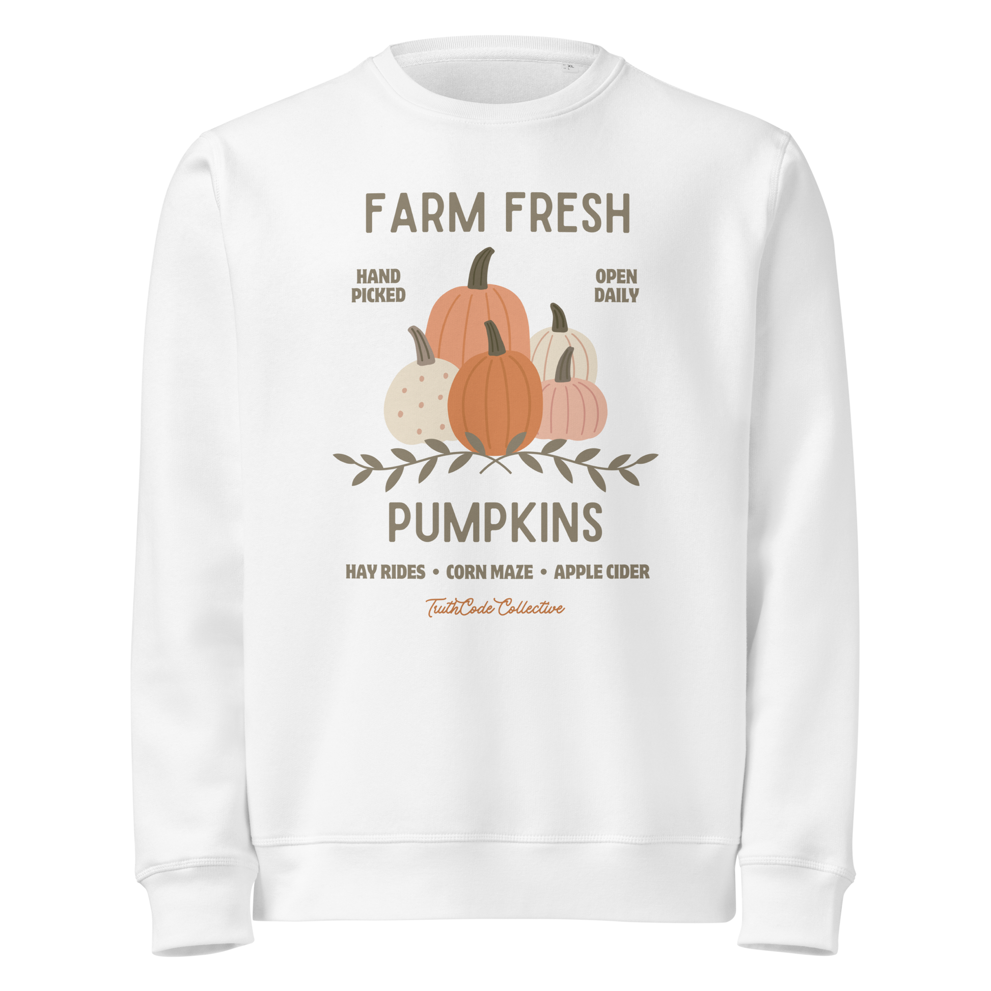 White organic sweatshirt with 'Farm Fresh Pumpkins' text and pumpkin graphic design on a white background