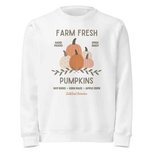 White organic sweatshirt with 'Farm Fresh Pumpkins' text and pumpkin graphic design on a white background
