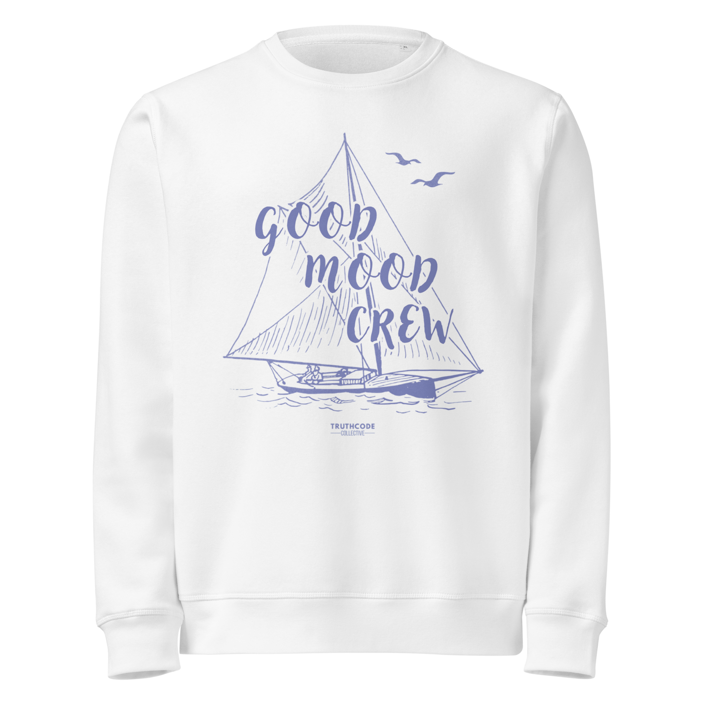 White organic sweatshirt with sailboat graphic and 'Good Mood Crew' text on a white background