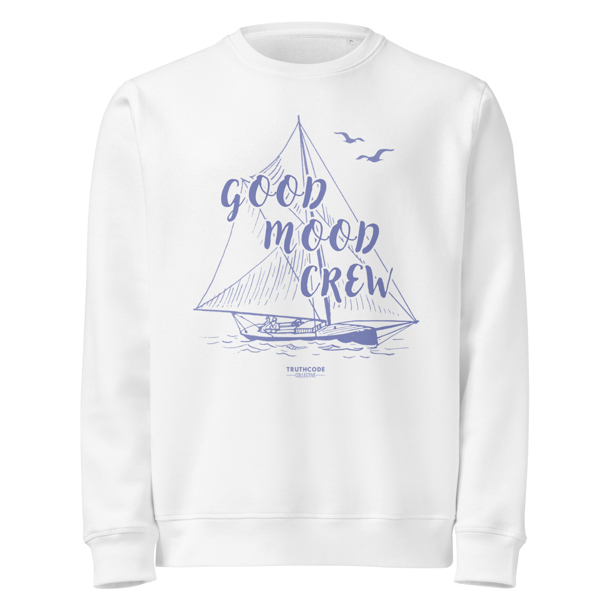 White organic sweatshirt with sailboat graphic and 'Good Mood Crew' text on a white background