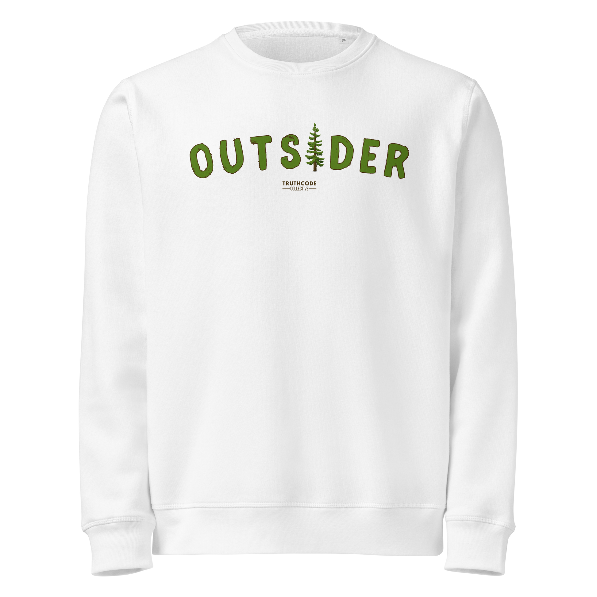 White organic sweatshirt with 'OUTSIDER' text and evergreen tree graphic on a white background
