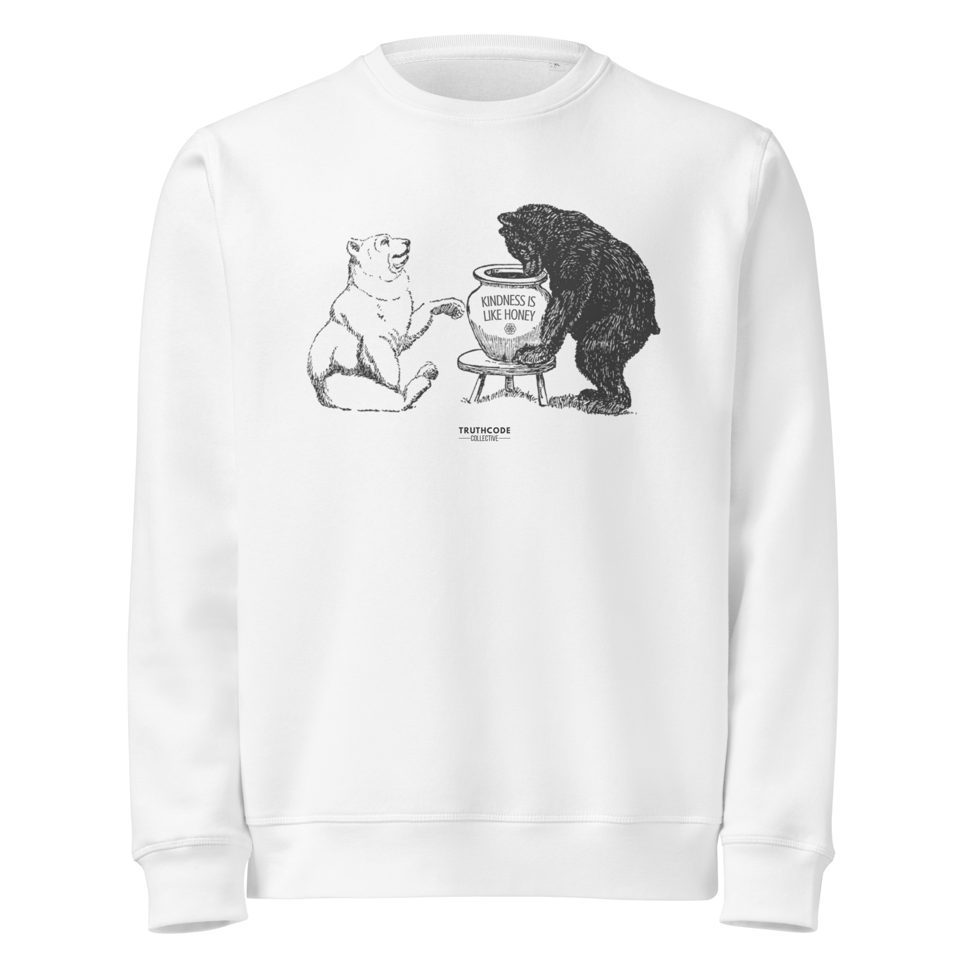 White organic sweatshirt with bears eating honey graphic and text 'Kindness is like honey' on a white background