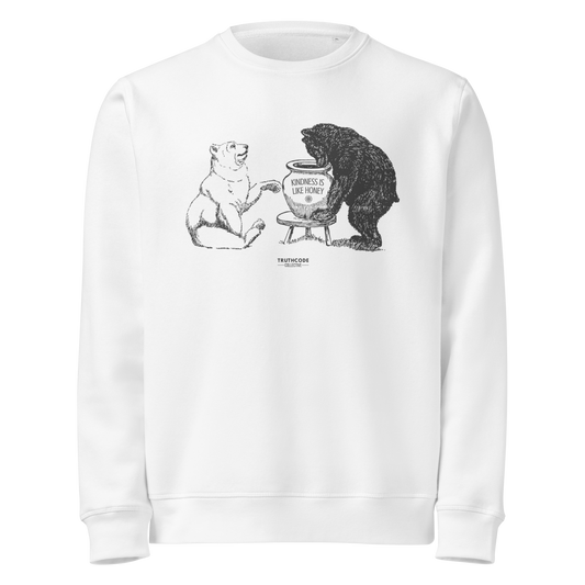 White organic sweatshirt with bears eating honey graphic and text 'Kindness is like honey' on a white background